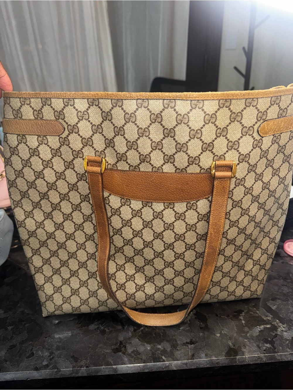 Gucci Brown Beige GG Supreme Canvas Tote with Tan Leather Trim